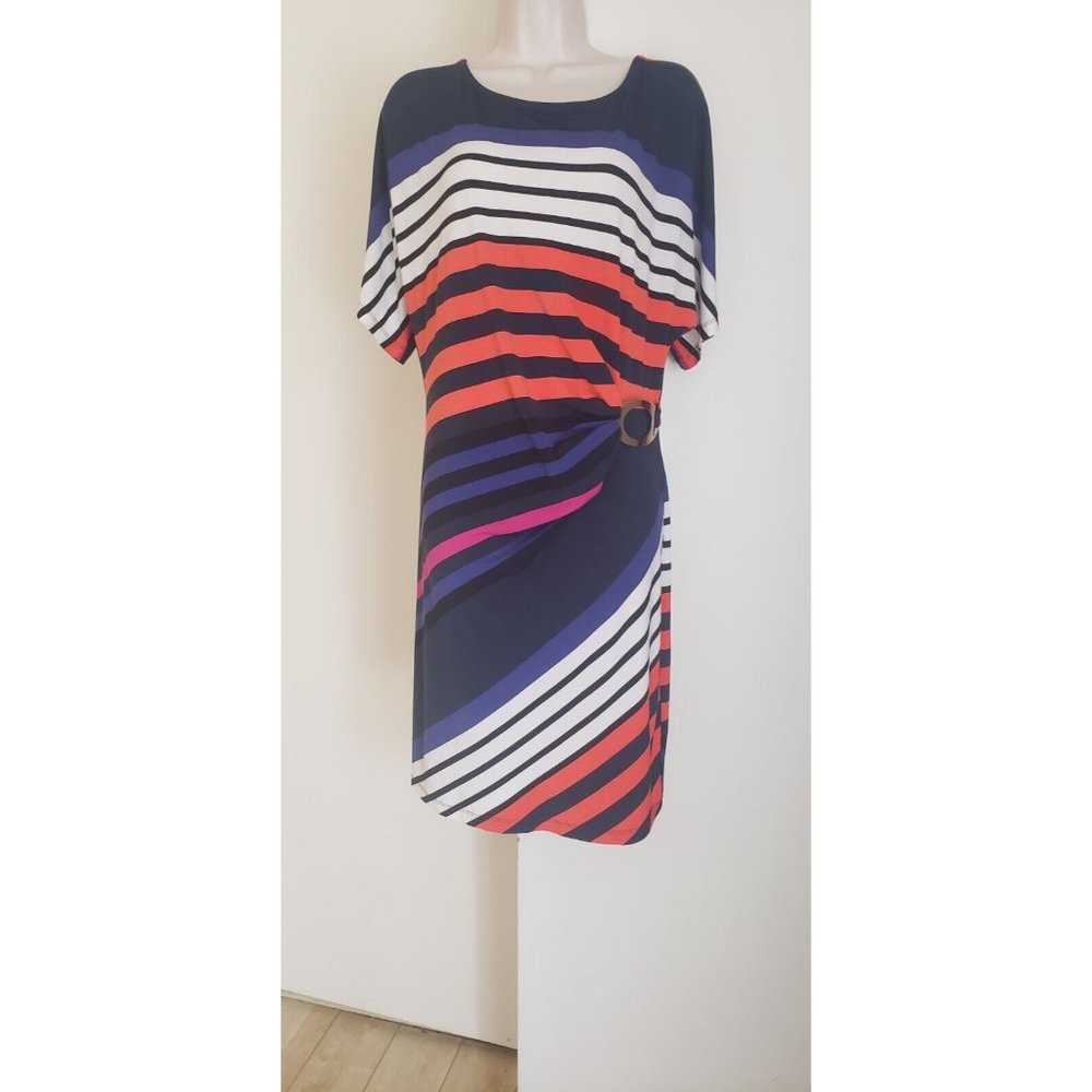 CALVIN KLEIN SIDE BUCKLE STRIPED DRESS SZ M
